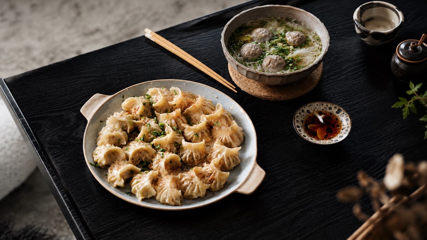 Pan-fried dumplings and beef ball noodle soup